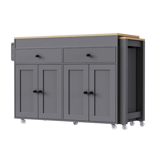51" Brown and Gray Wood Flat Door Rolling Kitchen Cart