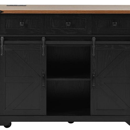 54" Brown and Black Wood Flat Door Rolling Kitchen Cart With Storage With USB HomeRoots