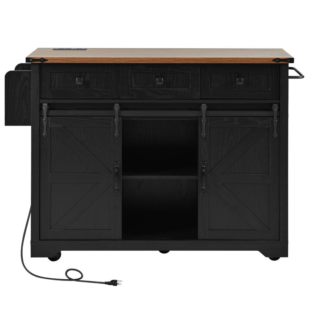 54" Brown and Black Wood Flat Door Rolling Kitchen Cart With Storage With USB — view 1