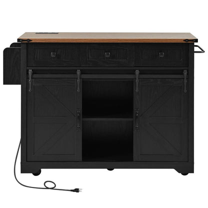 54" Brown and Black Wood Flat Door Rolling Kitchen Cart With Storage With USB HomeRoots