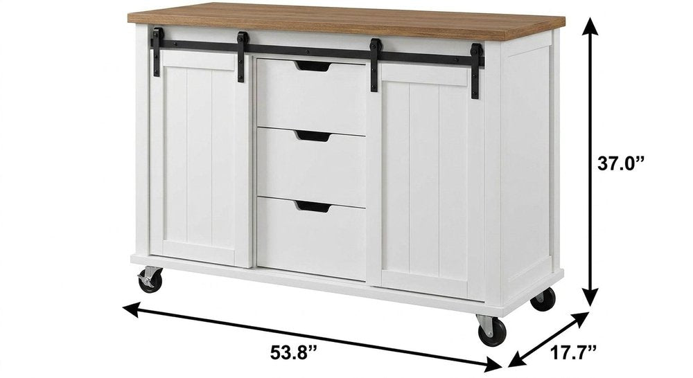 54" Brown and White Wood Flat Door Rolling Kitchen Cart With Storage With USB — view 2