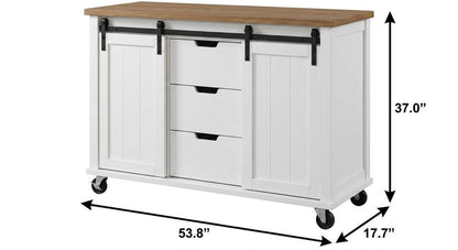 54" Brown and White Wood Flat Door Rolling Kitchen Cart With Storage With USB HomeRoots