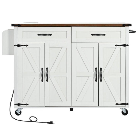 54" Brown and White Wood Flat Door Rolling Kitchen Cart With USB