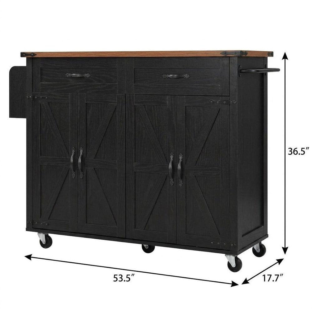 54" Brown and Black Wood Flat Door Rolling Kitchen Cart With USB — view 2