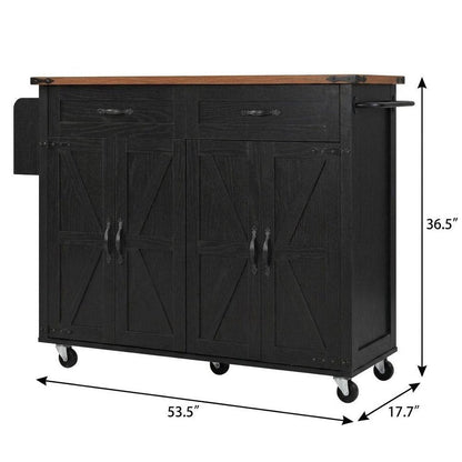 54" Brown and Black Wood Flat Door Rolling Kitchen Cart With USB HomeRoots