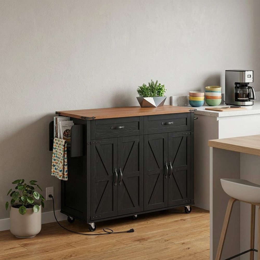 54" Brown and Black Wood Flat Door Rolling Kitchen Cart With USB HomeRoots