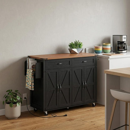 54" Brown and Black Wood Flat Door Rolling Kitchen Cart With USB HomeRoots
