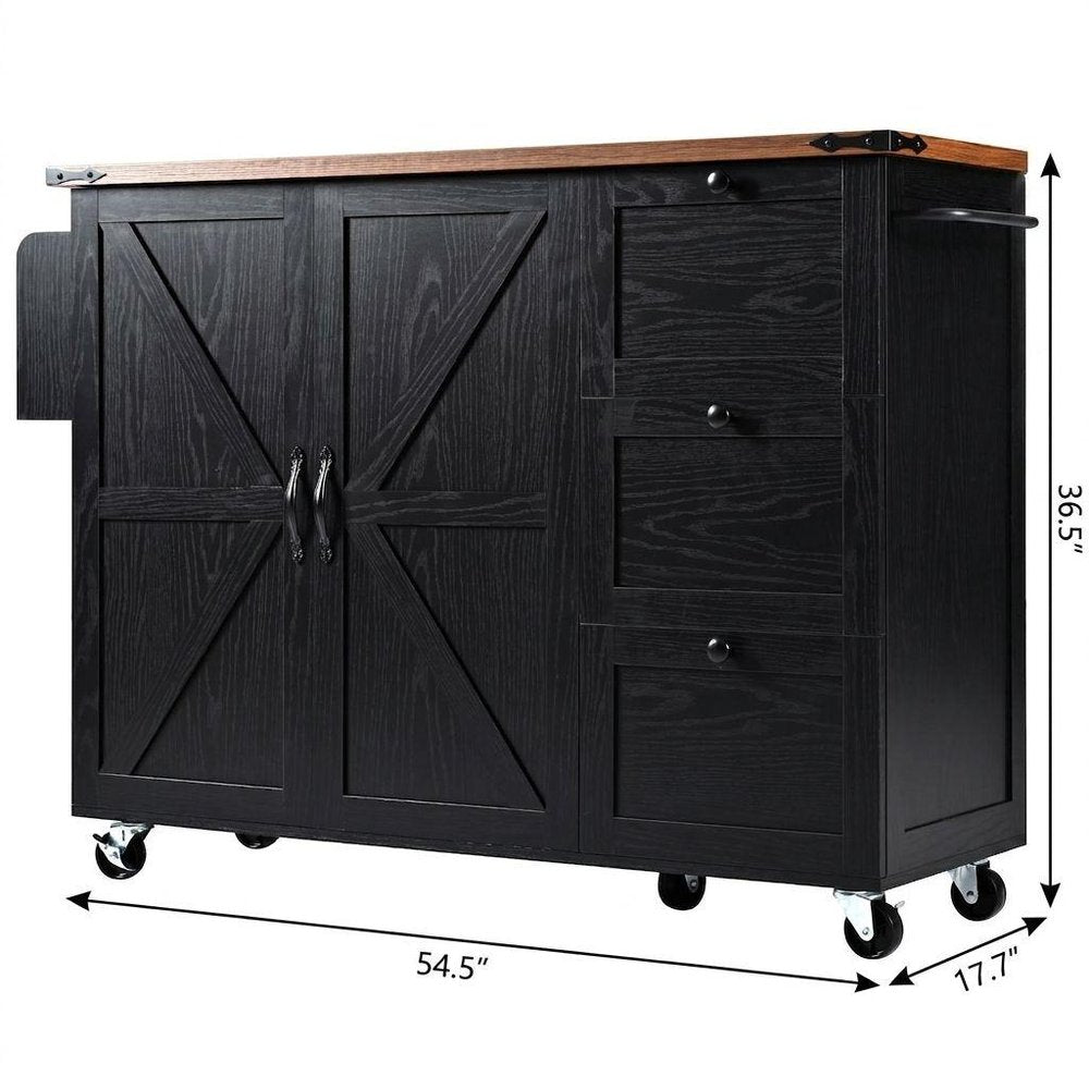 55" Brown and Black Wood Flat Door Rolling Kitchen Cart With Storage With USB HomeRoots