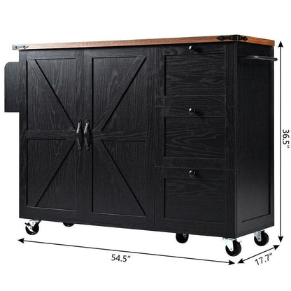 55" Brown and Black Wood Flat Door Rolling Kitchen Cart With Storage With USB HomeRoots