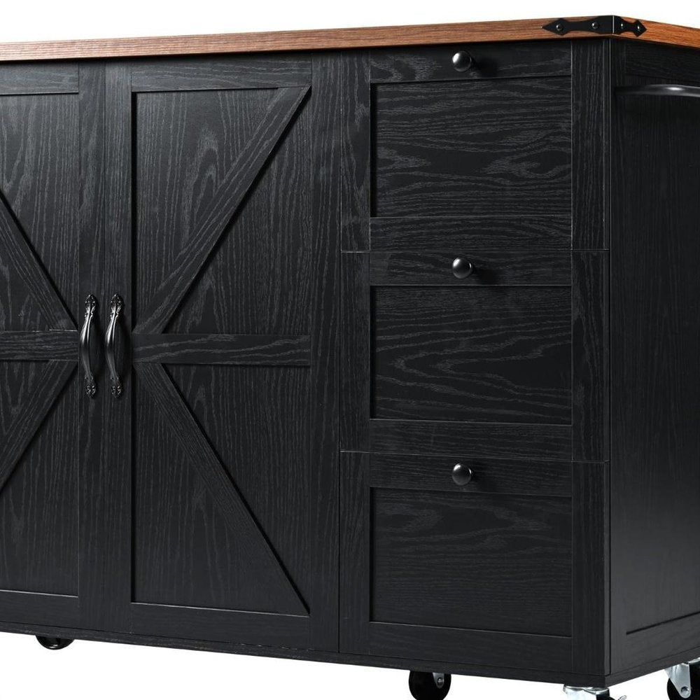 55" Brown and Black Wood Flat Door Rolling Kitchen Cart With Storage With USB HomeRoots