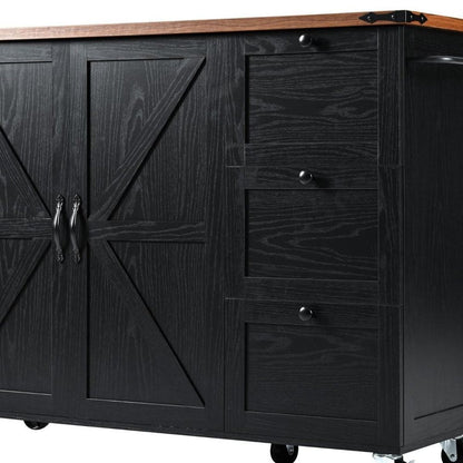55" Brown and Black Wood Flat Door Rolling Kitchen Cart With Storage With USB HomeRoots