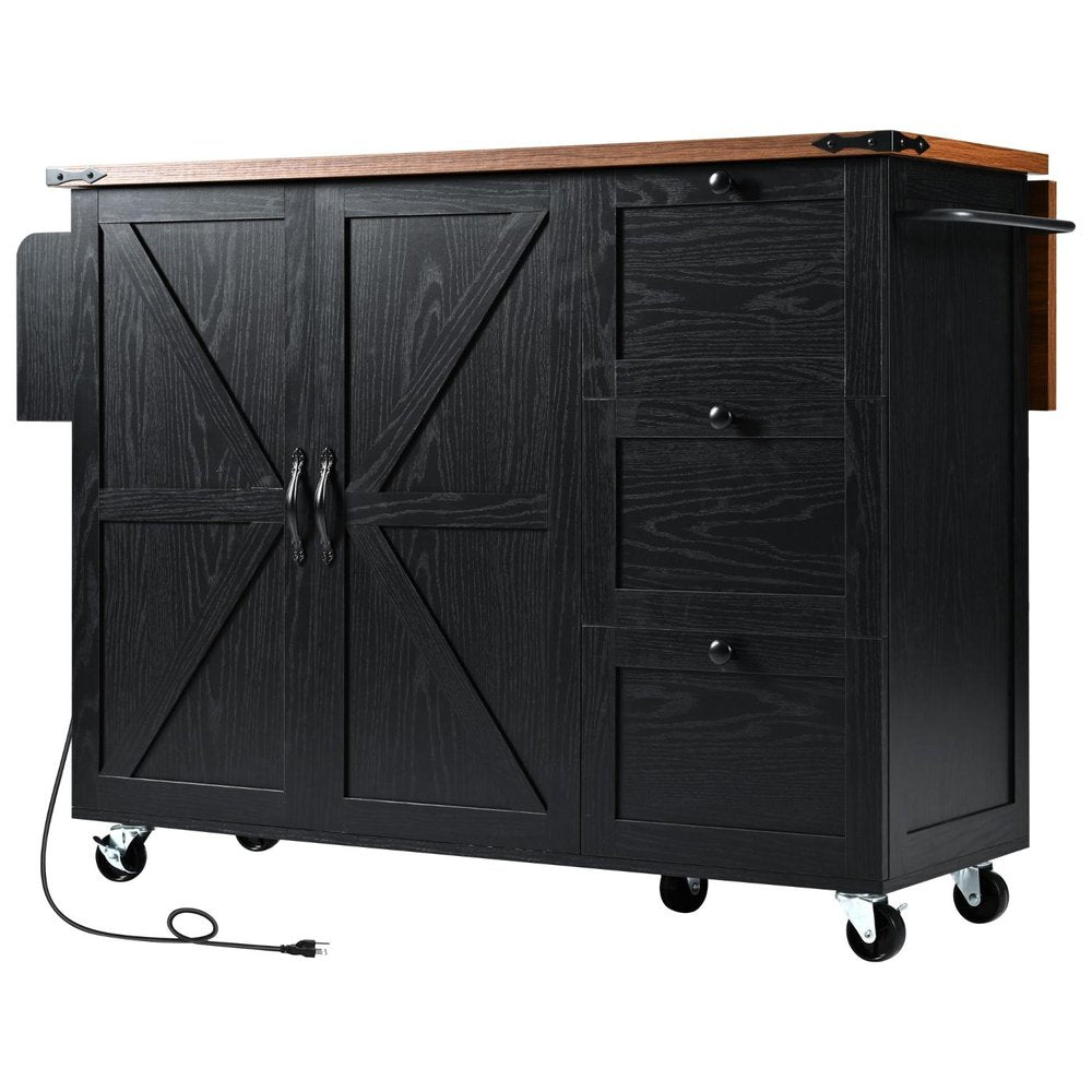 55" Brown and Black Wood Flat Door Rolling Kitchen Cart With Storage With USB HomeRoots