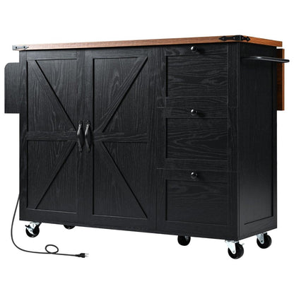 55" Brown and Black Wood Flat Door Rolling Kitchen Cart With Storage With USB HomeRoots