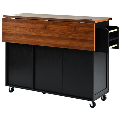 55" Brown and Black Wood Flat Door Rolling Kitchen Cart With Storage With USB HomeRoots