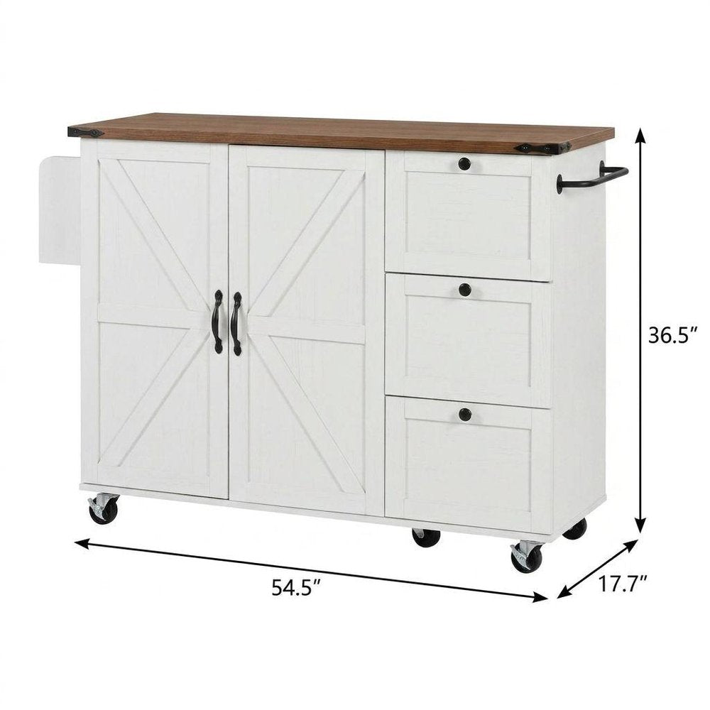 55" Brown and White Wood Flat Door Rolling Kitchen Cart With Storage With USB — view 2