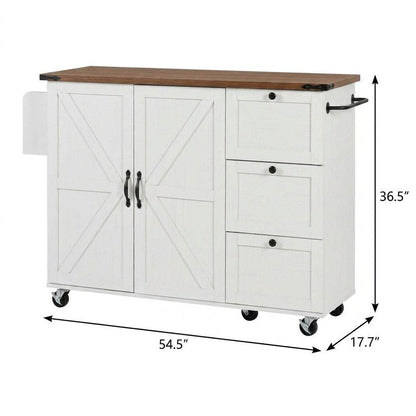 55" Brown and White Wood Flat Door Rolling Kitchen Cart With Storage With USB HomeRoots