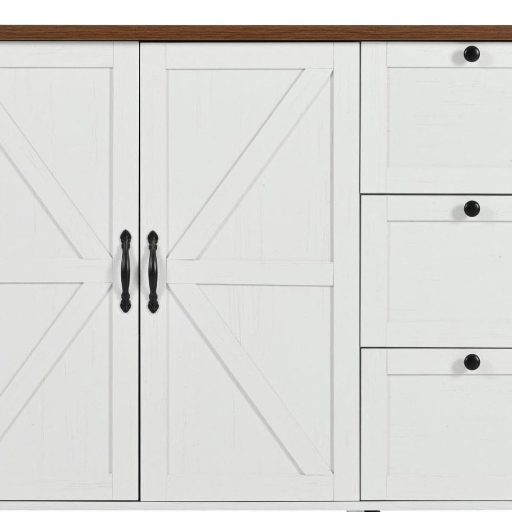 55" Brown and White Wood Flat Door Rolling Kitchen Cart With Storage With USB — view 4