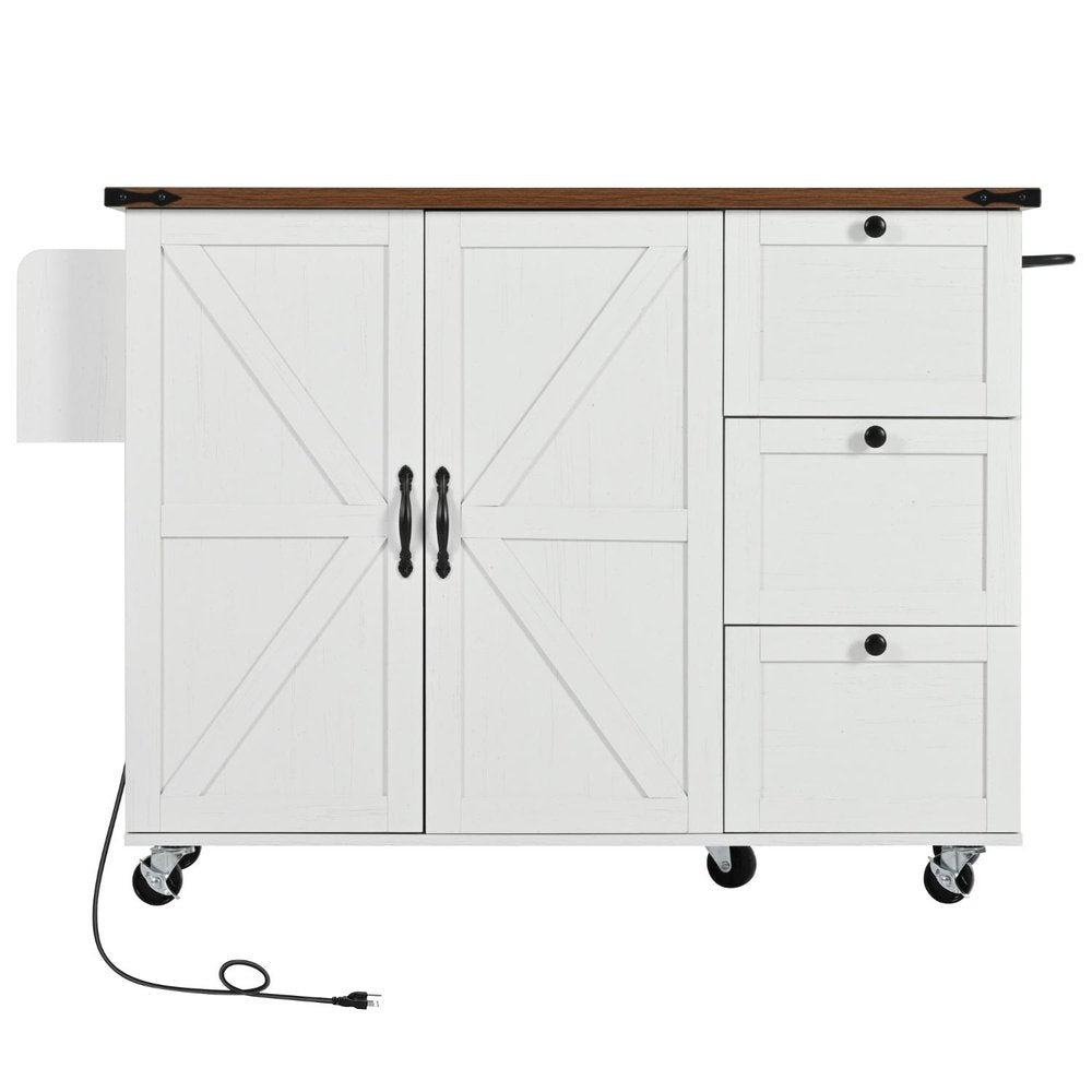 55" Brown and White Wood Flat Door Rolling Kitchen Cart With Storage With USB HomeRoots