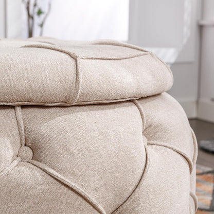 Large Button Tufted Woven Round Storage Footstool。Suitable for living room, bedroom, study - FurniFindUSA