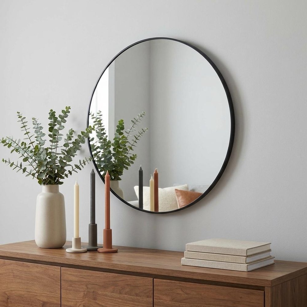 30" Black Aluminum Round Framed Bathroom Vanity Mirror — view 6