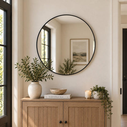 32" Black Aluminum Round Framed Bathroom Vanity Mirror HomeRoots