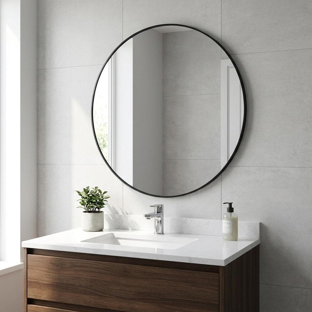 32" Black Aluminum Round Framed Bathroom Vanity Mirror HomeRoots
