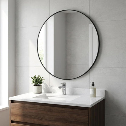 32" Black Aluminum Round Framed Bathroom Vanity Mirror HomeRoots