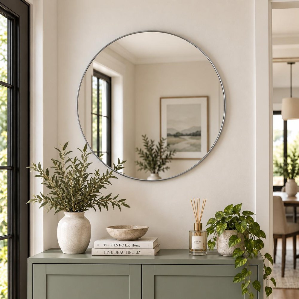 32" Black Aluminum Round Framed Bathroom Vanity Mirror — view 13