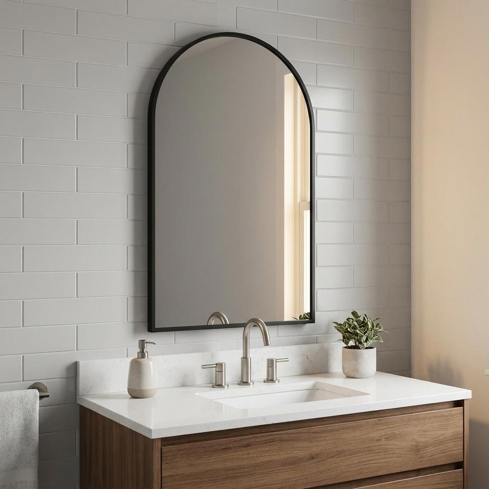 30" Black Aluminum Arch Framed Bathroom Vanity Mirror — view 10