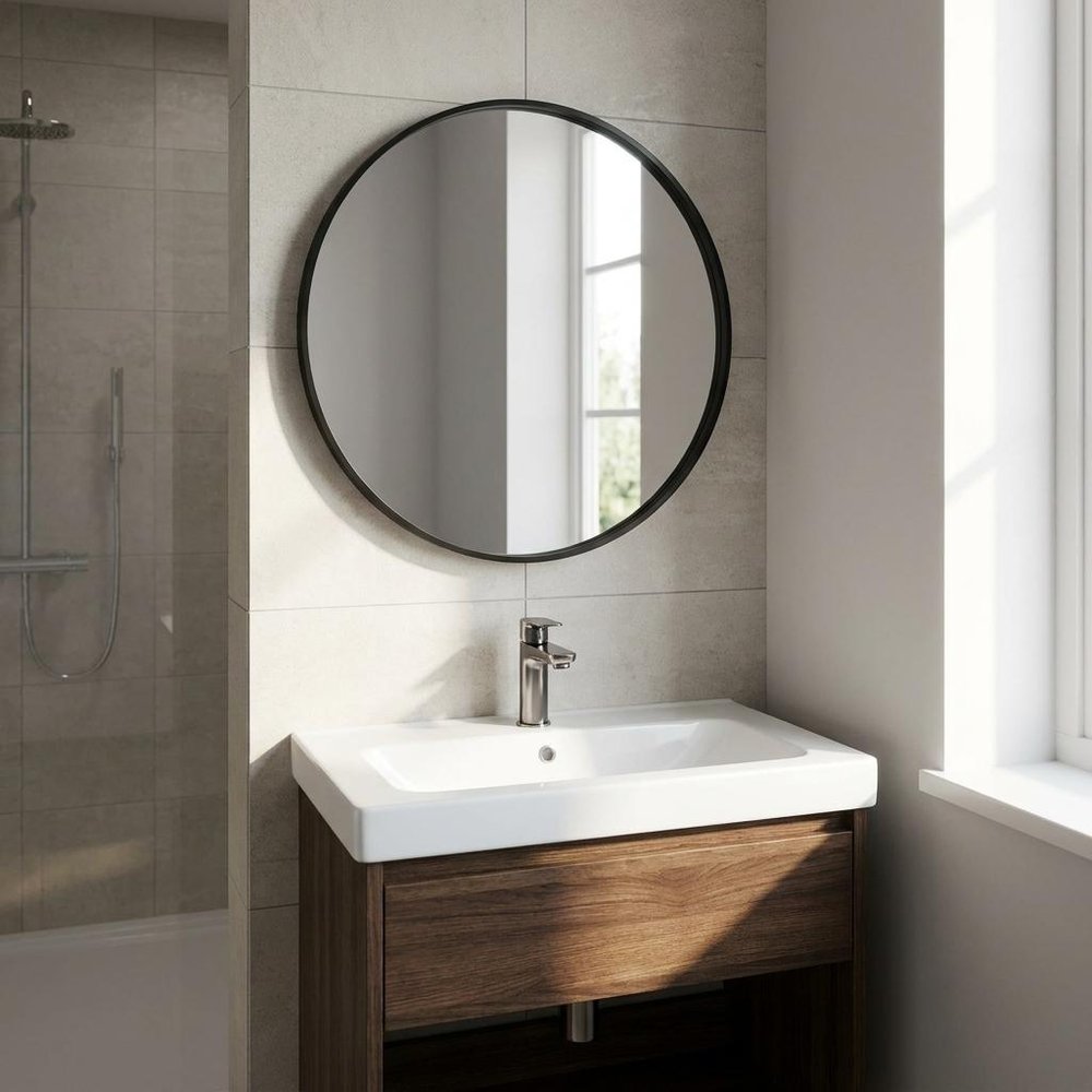 24" Black Aluminum Round Framed Bathroom Vanity Mirror — view 14