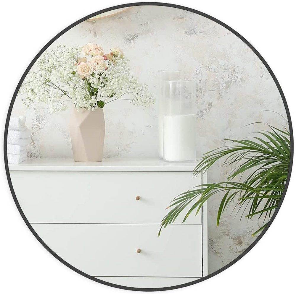 24" Black Aluminum Round Framed Bathroom Vanity Mirror — view 1