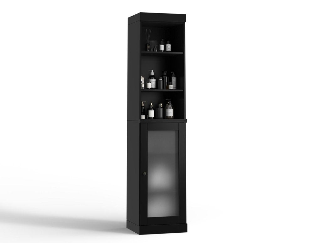 17" Black Solid Wood Glass Panel Inlay Single Door Linen Cabinet HomeRoots