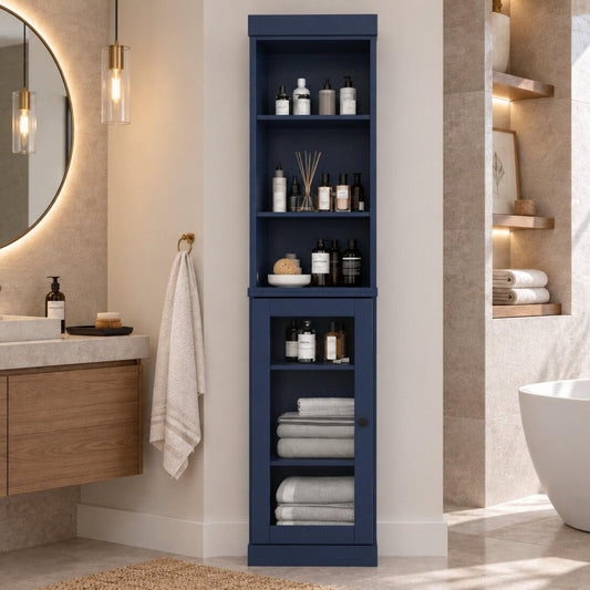 17" Navy Blue Solid Wood Glass Panel Inlay Single Door Linen Cabinet