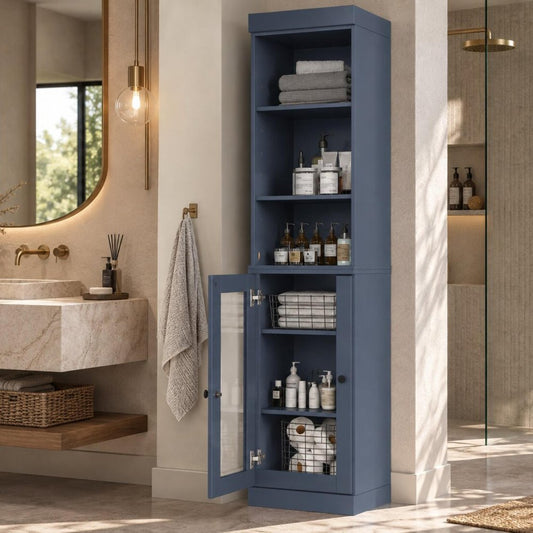 17" French Blue Solid Wood Glass Panel Inlay Single Door Linen Cabinet
