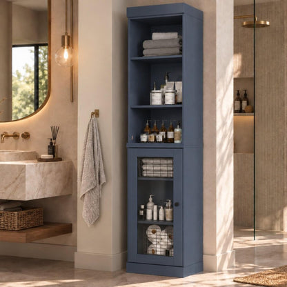 17" French Blue Solid Wood Glass Panel Inlay Single Door Linen Cabinet HomeRoots