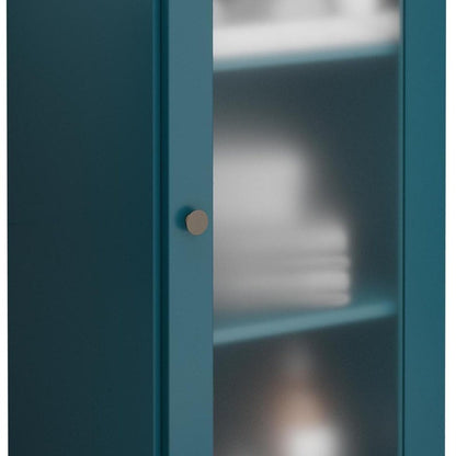 17" Teal Blue Solid Wood Glass Panel Inlay Single Door Linen Cabinet HomeRoots