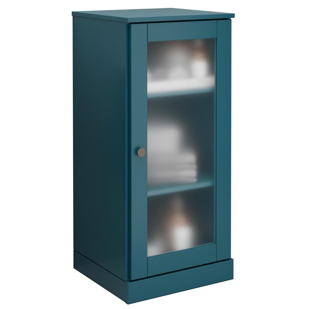 17" Teal Blue Solid Wood Glass Panel Inlay Single Door Linen Cabinet — view 2