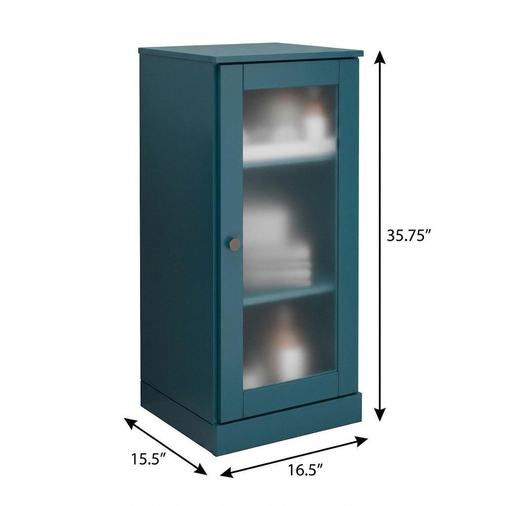 17" Teal Blue Solid Wood Glass Panel Inlay Single Door Linen Cabinet — view 6