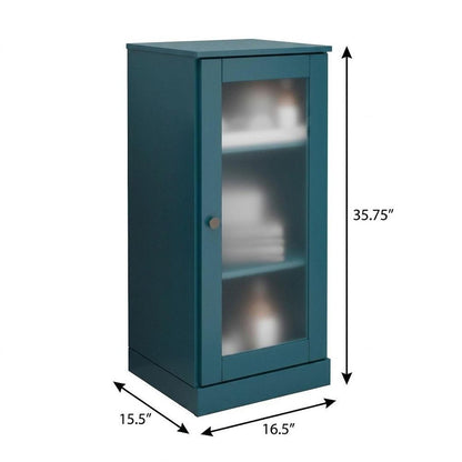 17" Teal Blue Solid Wood Glass Panel Inlay Single Door Linen Cabinet HomeRoots