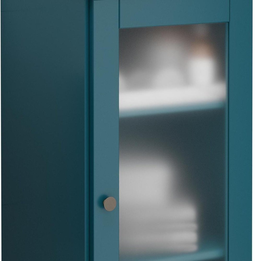 17" Teal Blue Solid Wood Glass Panel Inlay Single Door Linen Cabinet HomeRoots