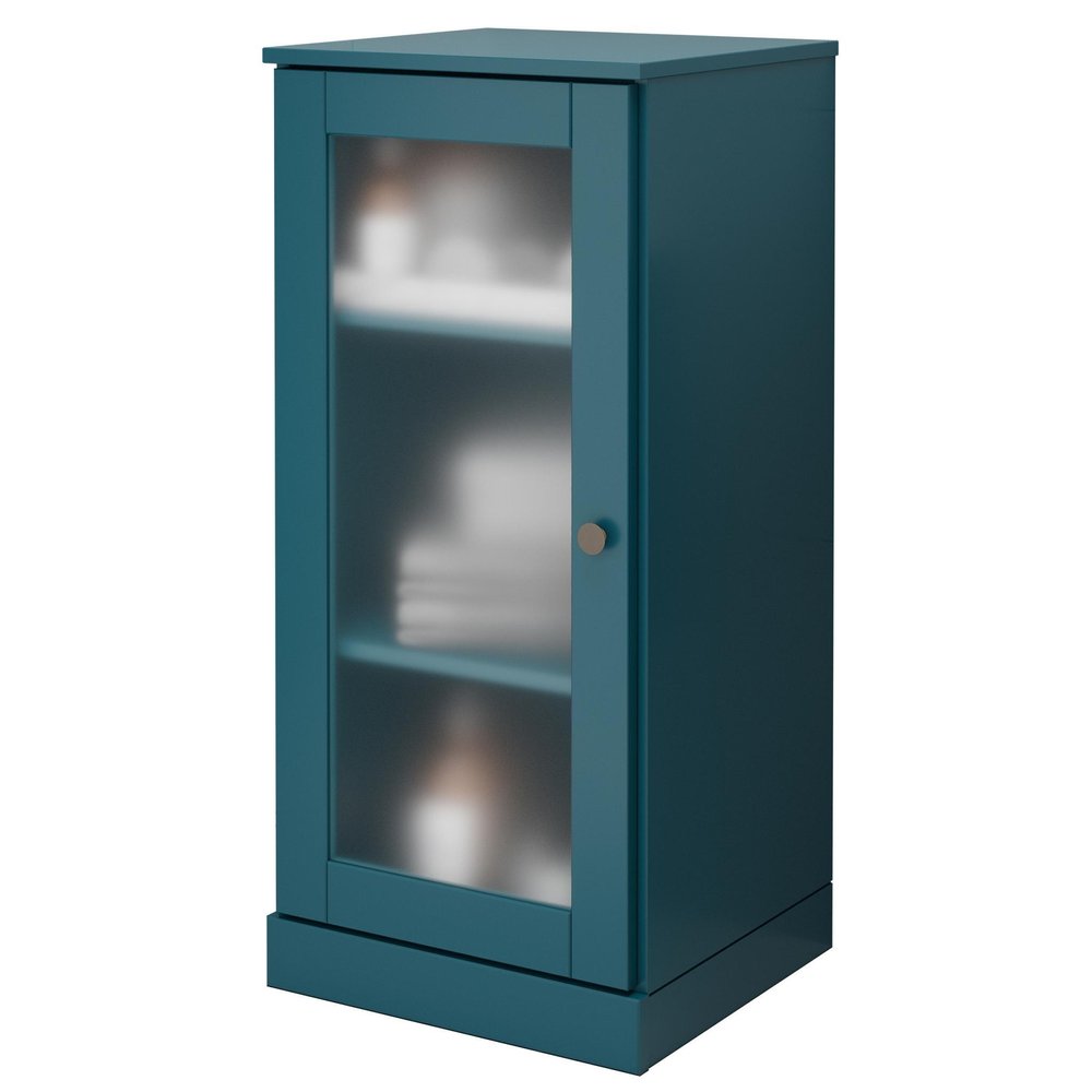 17" Teal Blue Solid Wood Glass Panel Inlay Single Door Linen Cabinet — view 3