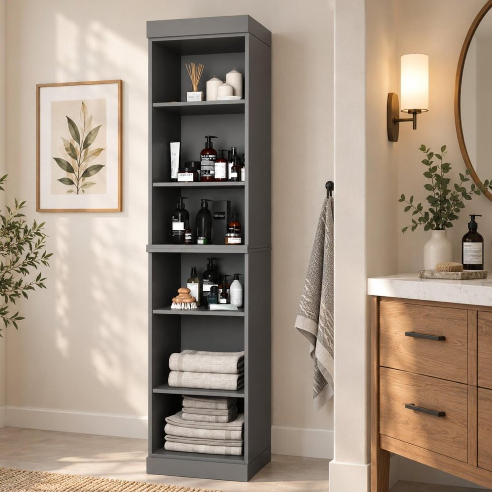 17" Gray Solid Wood Linen Cabinet — view 1