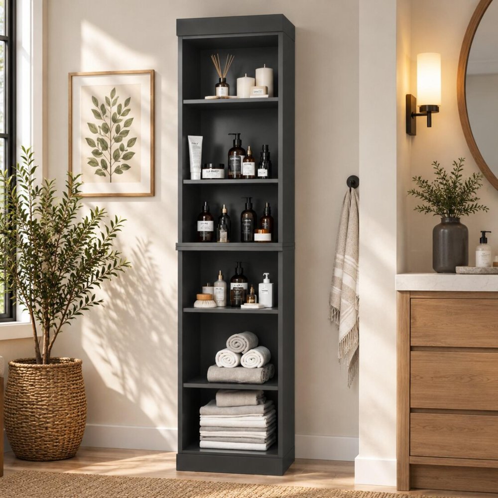 17" Black Solid Wood Linen Cabinet HomeRoots