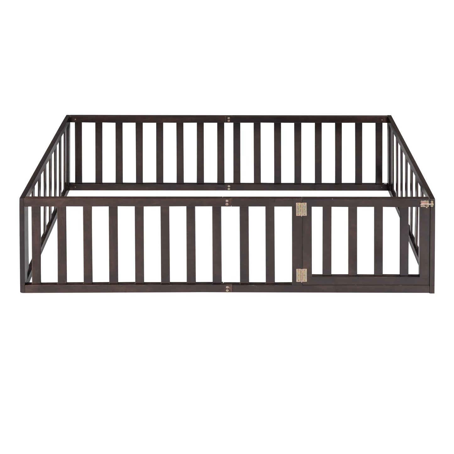 Twin Size Wood Floor Bed Frame with Fence and Door Walnut - FurniFindUSA