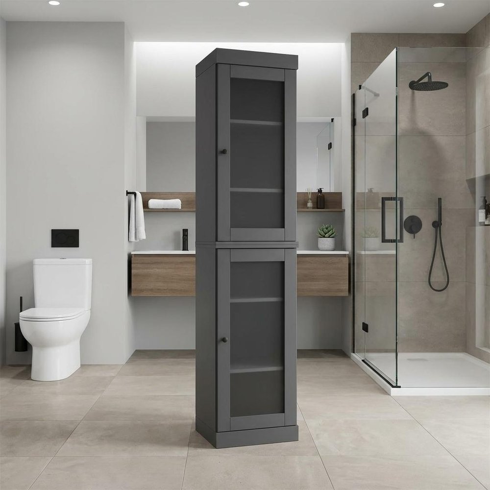 17" Gray Solid Wood Glass Panel Inlay Double Door Linen Cabinet — view 6