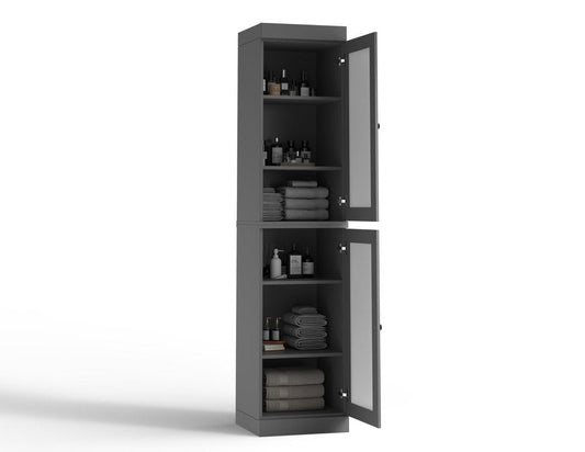 17" Gray Solid Wood Glass Panel Inlay Double Door Linen Cabinet