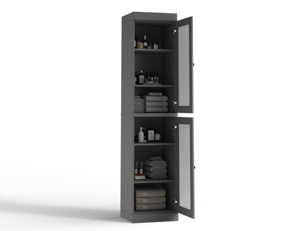 17" Gray Solid Wood Glass Panel Inlay Double Door Linen Cabinet — view 2