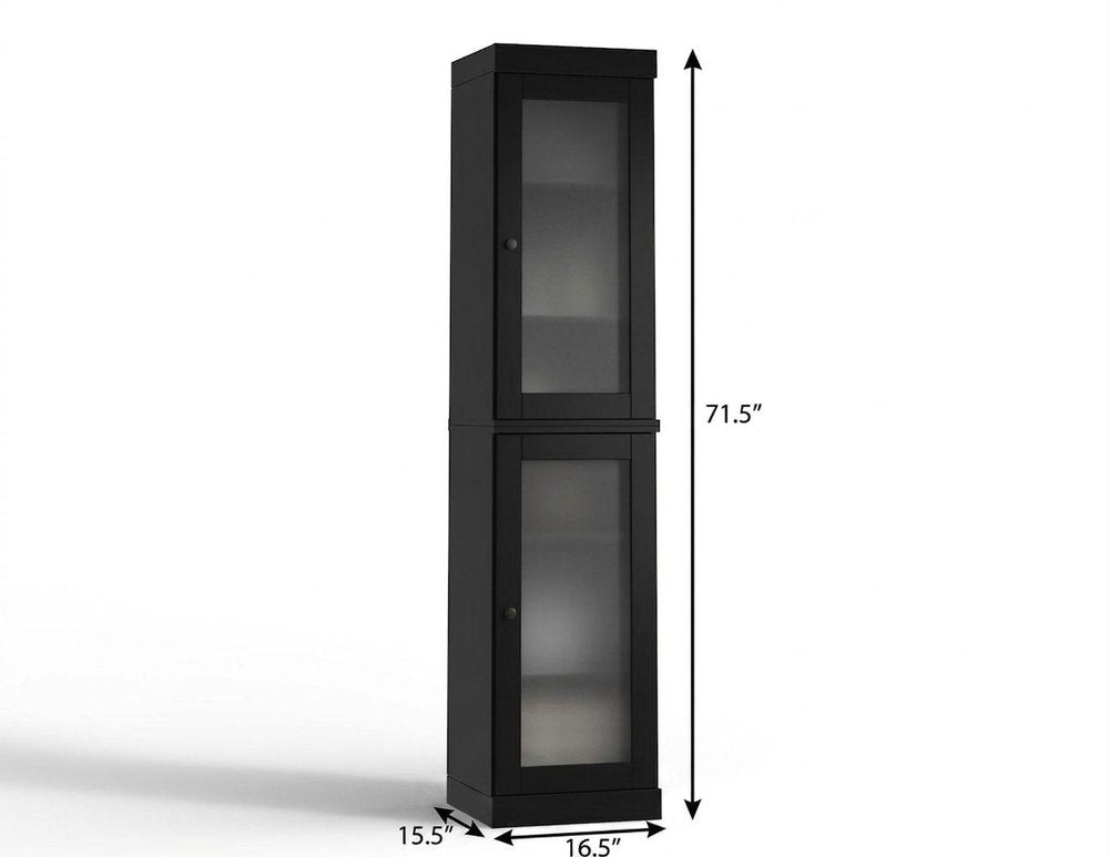 17" Black Solid Wood Glass Panel Inlay Double Door Linen Cabinet HomeRoots