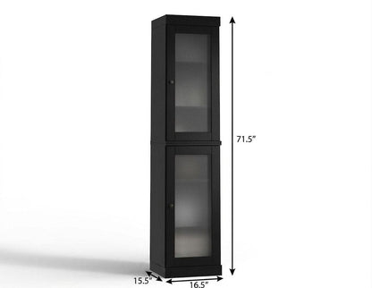17" Black Solid Wood Glass Panel Inlay Double Door Linen Cabinet HomeRoots