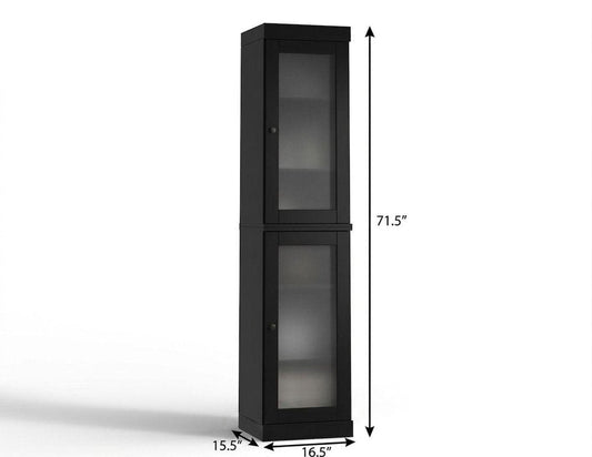 17" Black Solid Wood Glass Panel Inlay Double Door Linen Cabinet